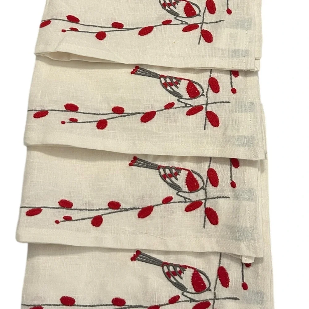 The Company Store Linen Napkins with Red and gray Embroidery